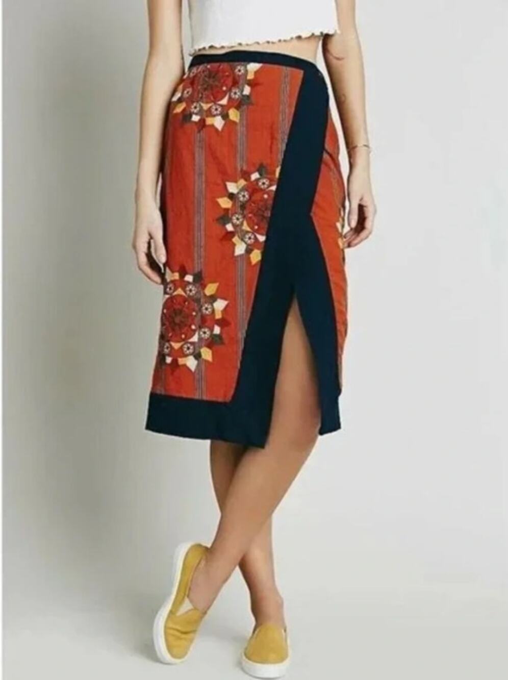 Free People Songbird Embroidered Wrap Midi Skirt S Cotton NWT Boho Cottagecore